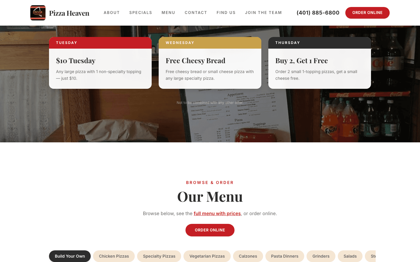 Weekly specials rotate on their own — no sign to print, no call to the owner.